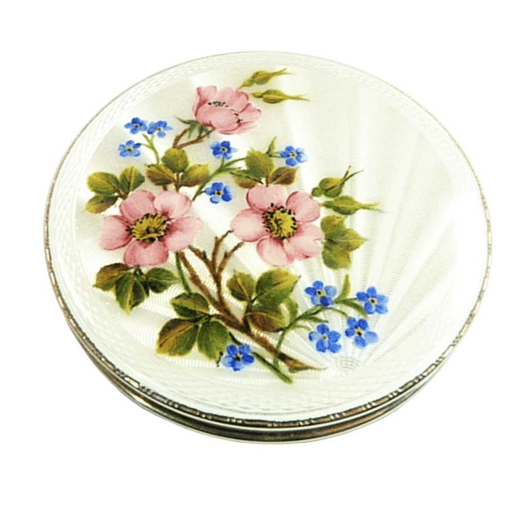 Sterling Silver Guilloche Enamel Vintage Compact Mirror