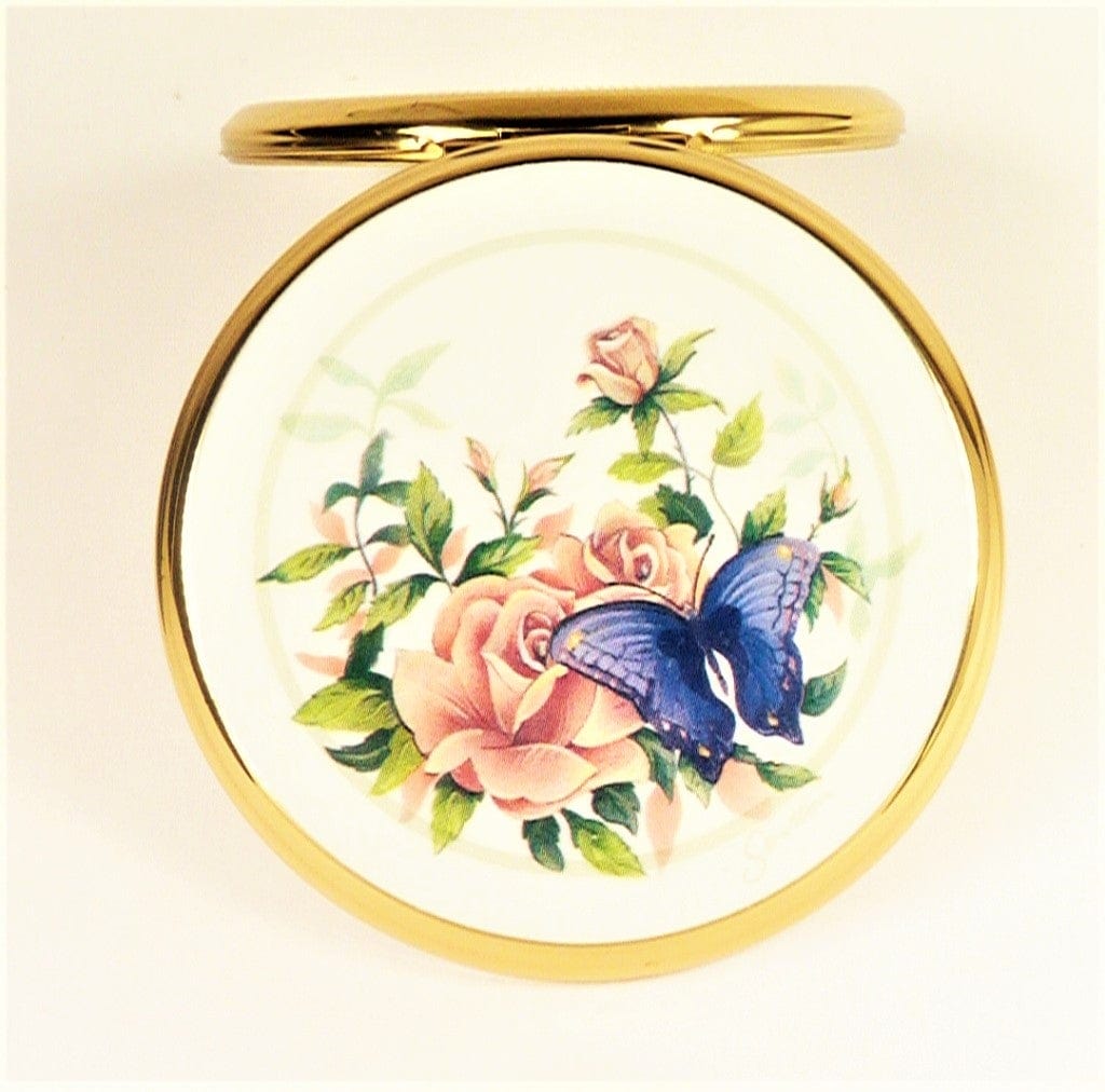 Stratton Compact Mirror With Blue Butterfly Pink Roses
