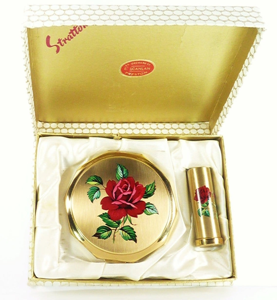 Stratton Red Rose Compact With Matching Lipstic