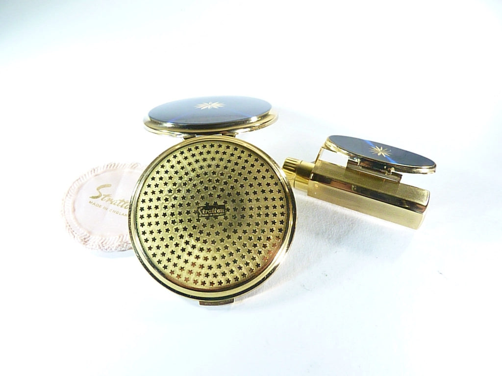 Stratton blue enamel compact and lipstick holder vintage