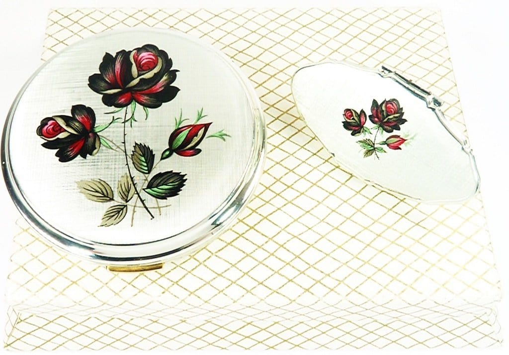 Unused Silver Stratton Compact With Red And Black Roses