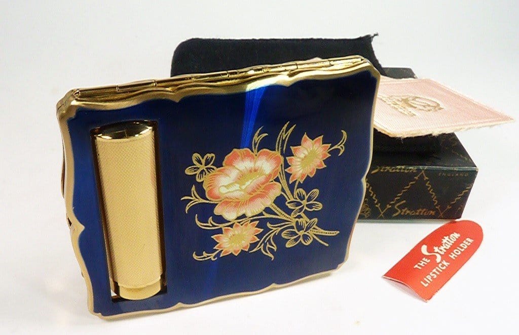 Unused Stratton Compact With Blue Enamel Pink Gold Roses