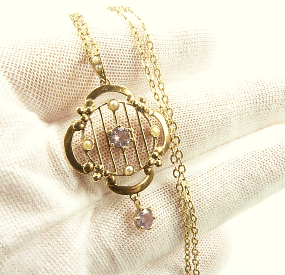Art Nouveau Gold Pendant With Seed Pearls.