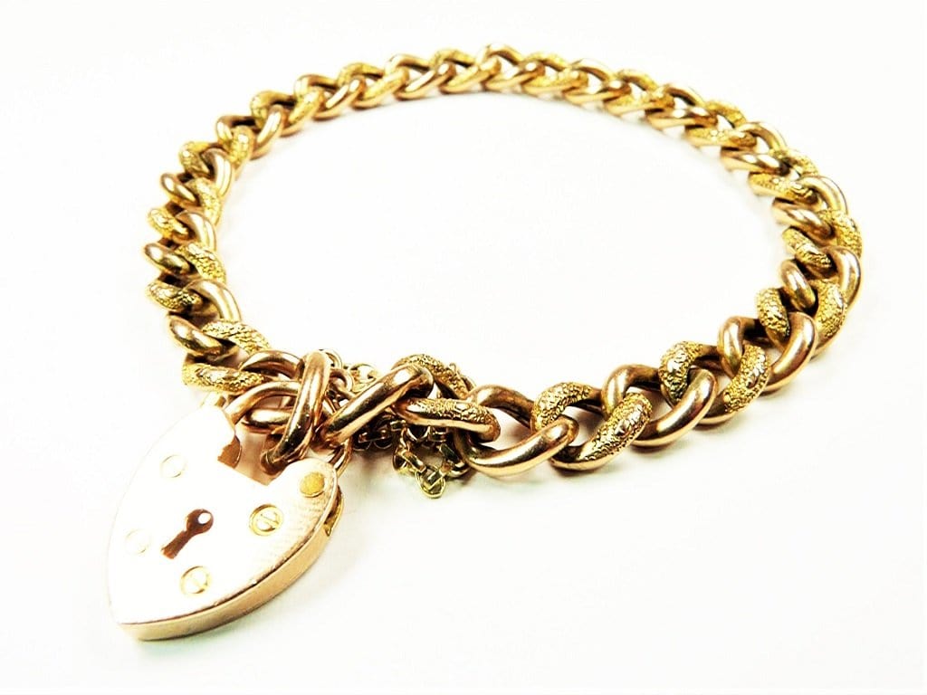 Antique 9Ct Rose Gold 75 Hollow Curb Bracelet w Safety Chain  Heart  Padlock  Jollys Jewellers