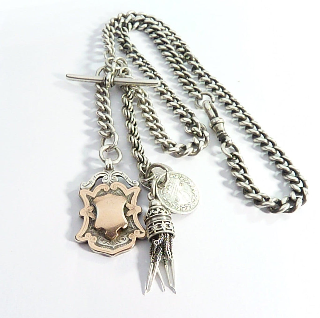 Victorian Hallmarked Sterling Silver & Rose Gold Albert Chain Necklace
