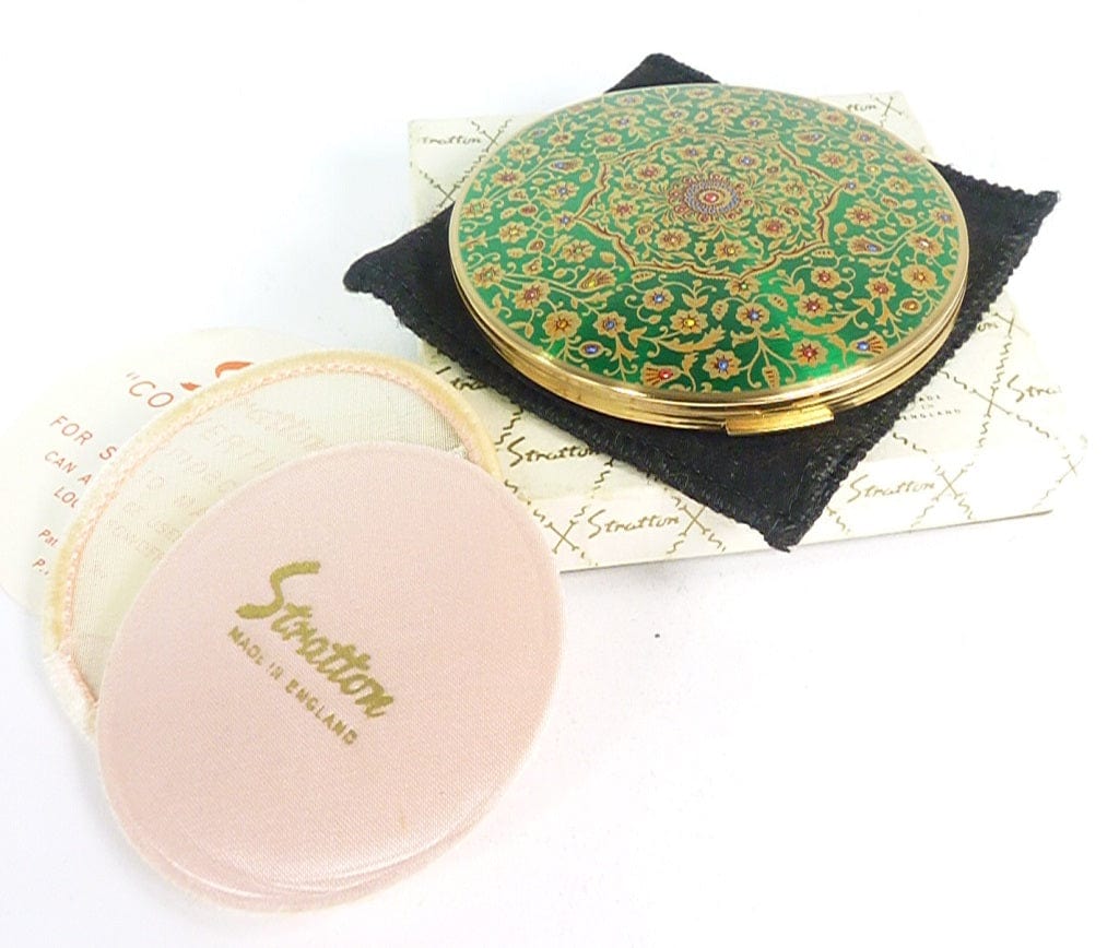 Boxed Vintage Green Red Gold Compact Mirror