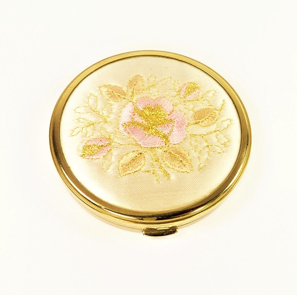 Vintage Silk Embroidered Lid Decoration Compact Mirror