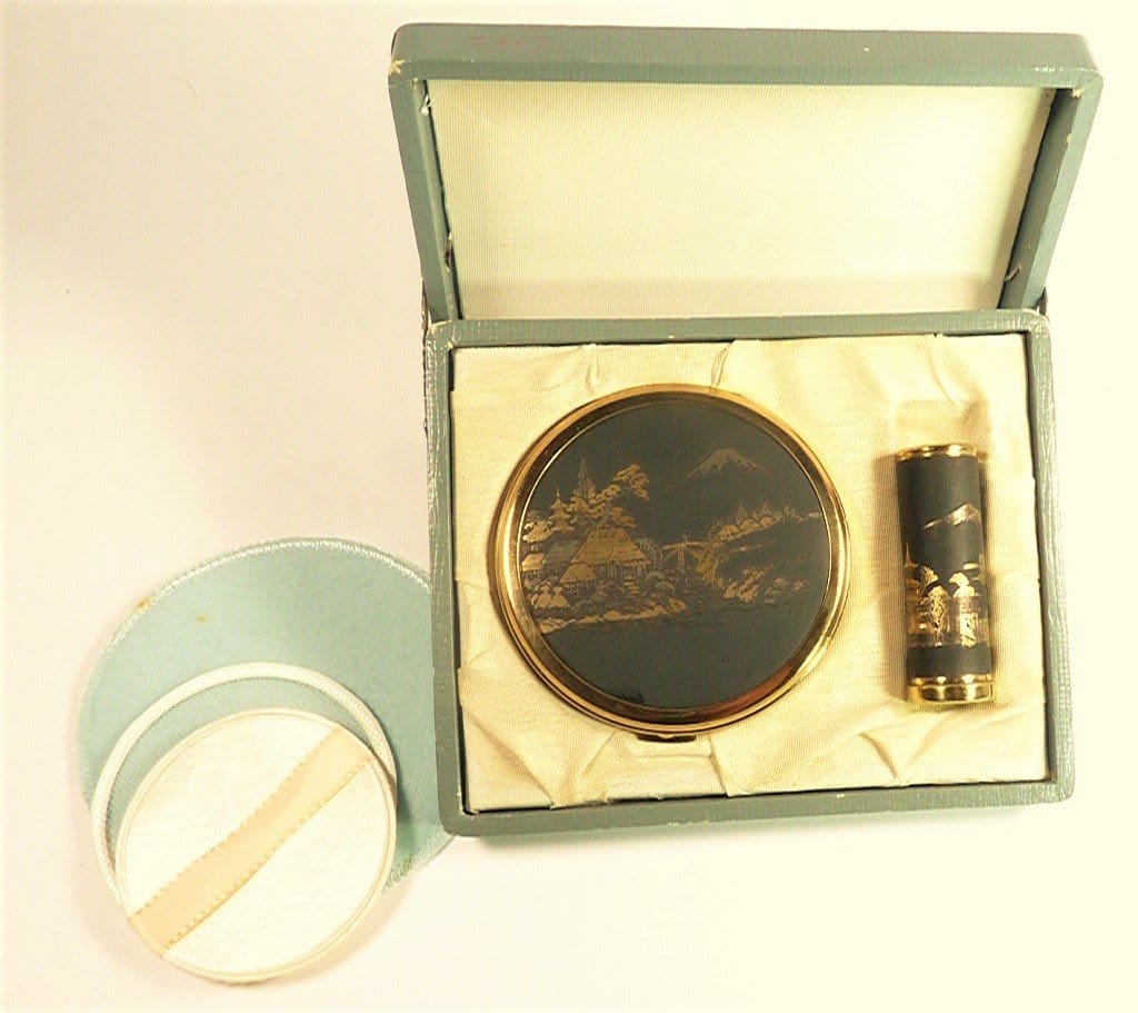 Vintage Compact Vanity Set With Inlaid Gold Silver Decorations