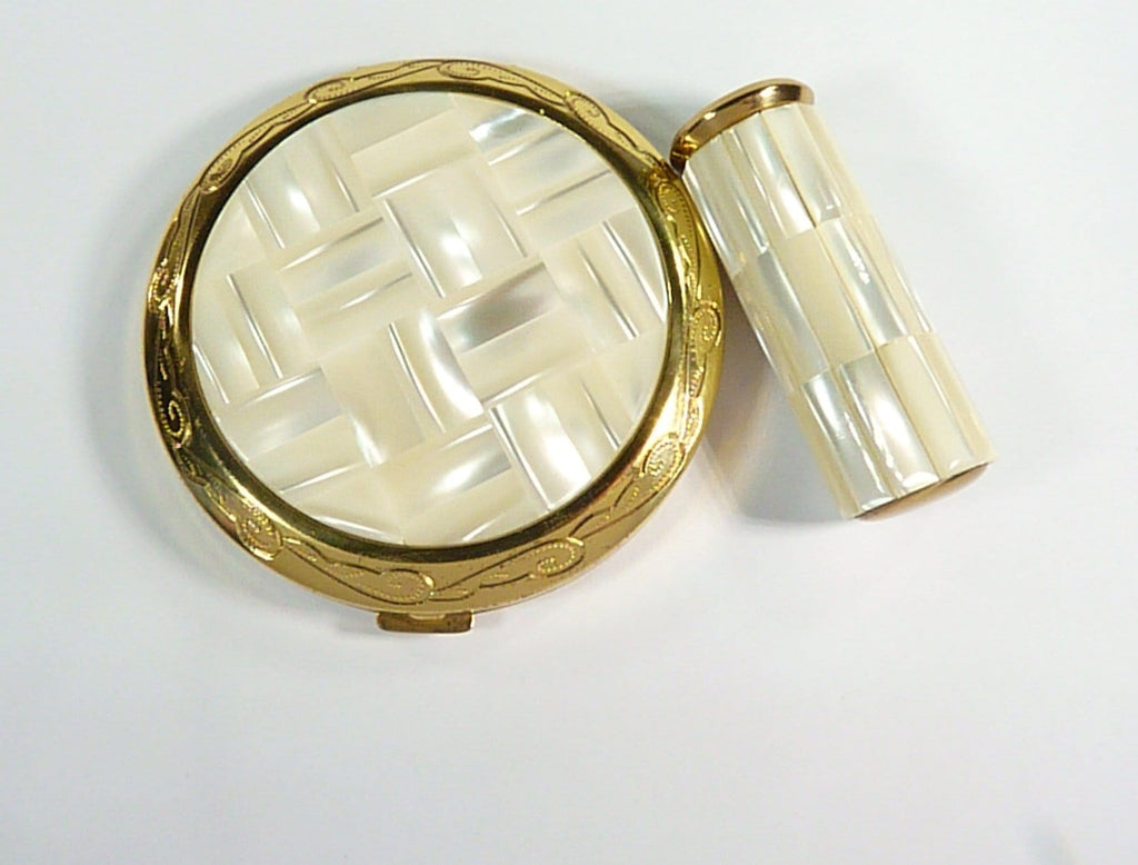 Vintage Mother Of Pearl Compact Mirror & Matching Lipstick