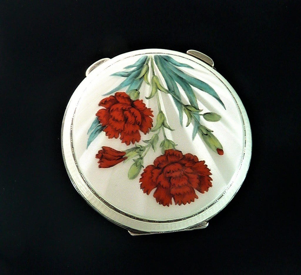 White Guilloche Enamel Red Carnations Compact Mirror