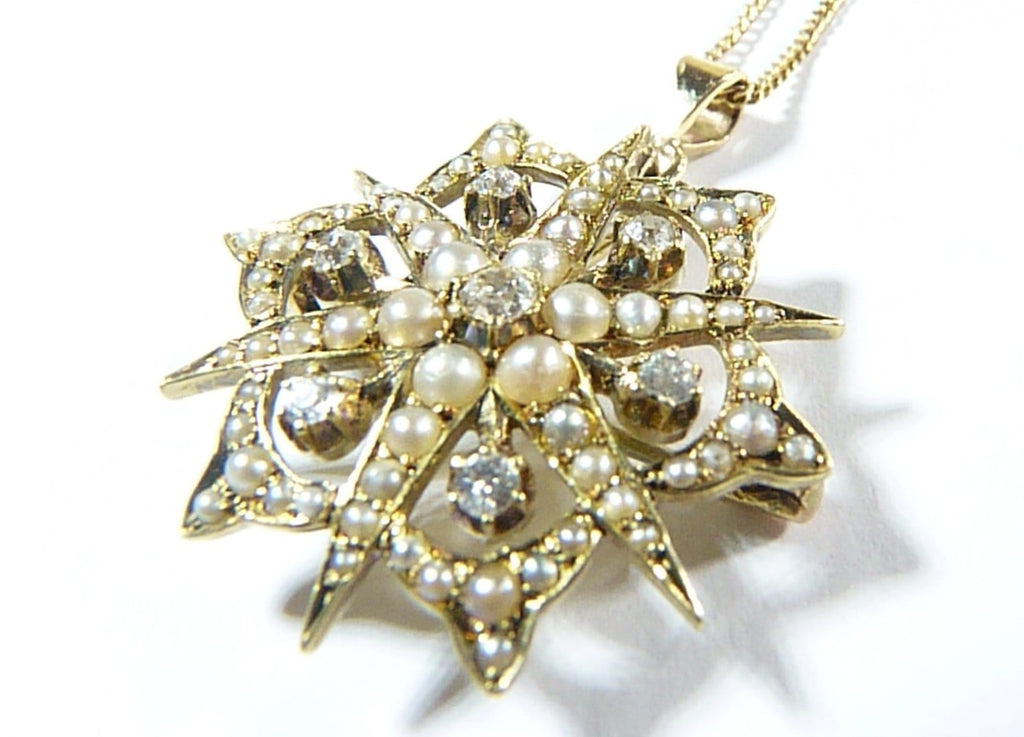 Antique Gold Diamond And Pearl Pendant And Necklace