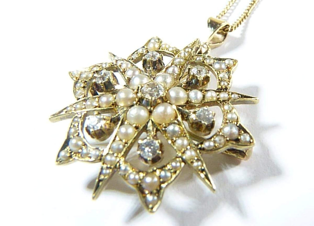 Antique Gold Diamond Pearl Pendant And Necklace