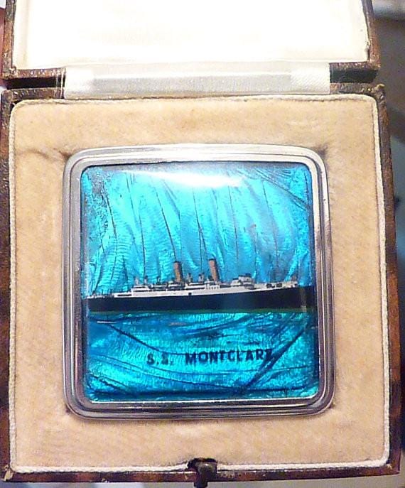 Rare cased Stratnoid butterfly wing compact S S Montclare ship compact - The Vintage Compact Shop