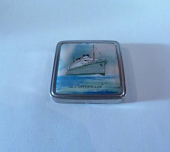 Rare celluloid compacts Stratnoid powder compacts M V INNISFALLEN at sea boat / ship themed Stratton compact mirrors - The Vintage Compact Shop