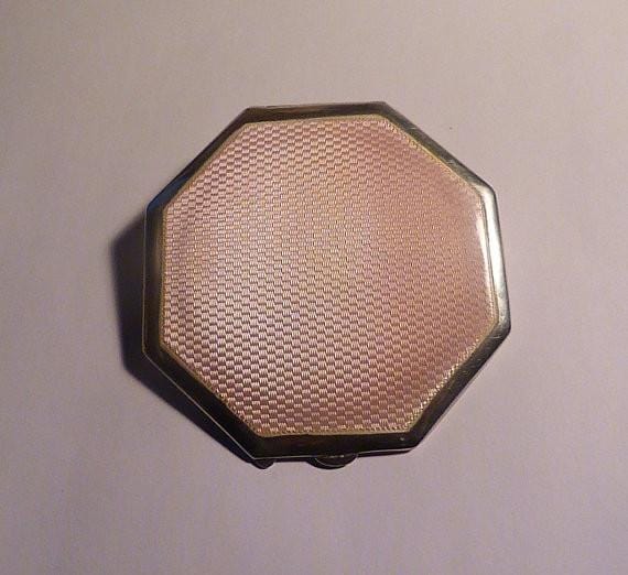 Sterling silver ART DECO powder compact pink guilloche octagonal compact mirror enamelled - The Vintage Compact Shop