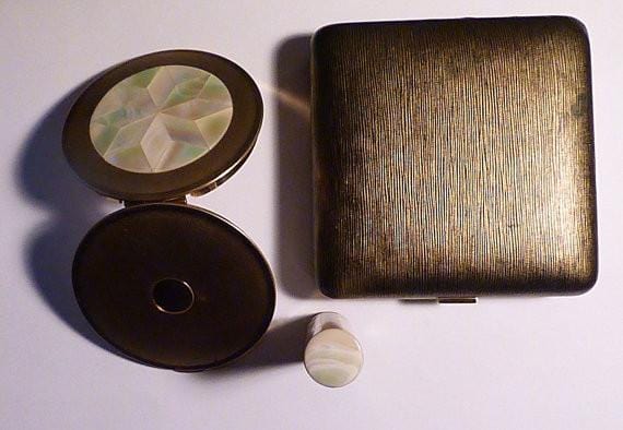 Vintage mother of pearl lipstick Melissa compact set pearl wedding gifts for her - The Vintage Compact Shop