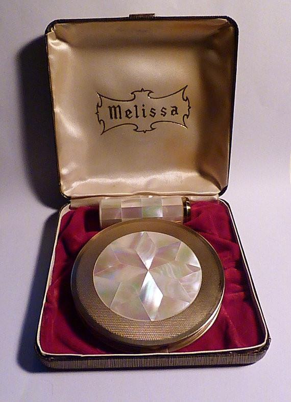 Vintage mother of pearl lipstick Melissa compact set pearl wedding gifts for her - The Vintage Compact Shop