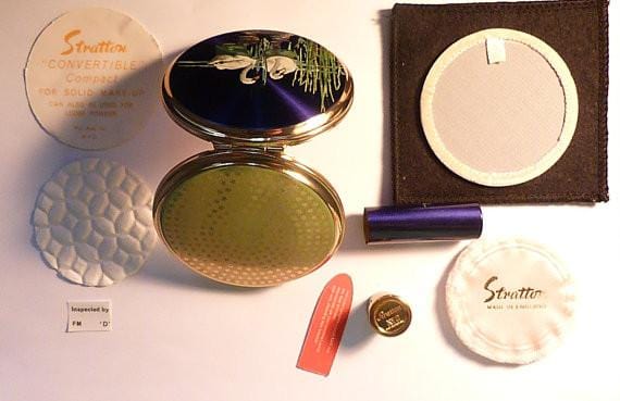 Unused Stratton compact and lipstick holder set bird series SWANS something blue gifts 1950s - The Vintage Compact Shop