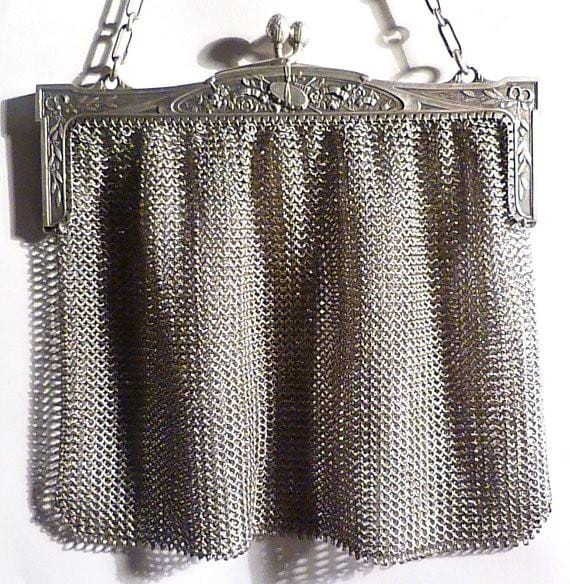 Antique sterling silver mesh purse large Alfred Lecorazet mesh bag bridal clutch antique silver gifts for her - The Vintage Compact Shop